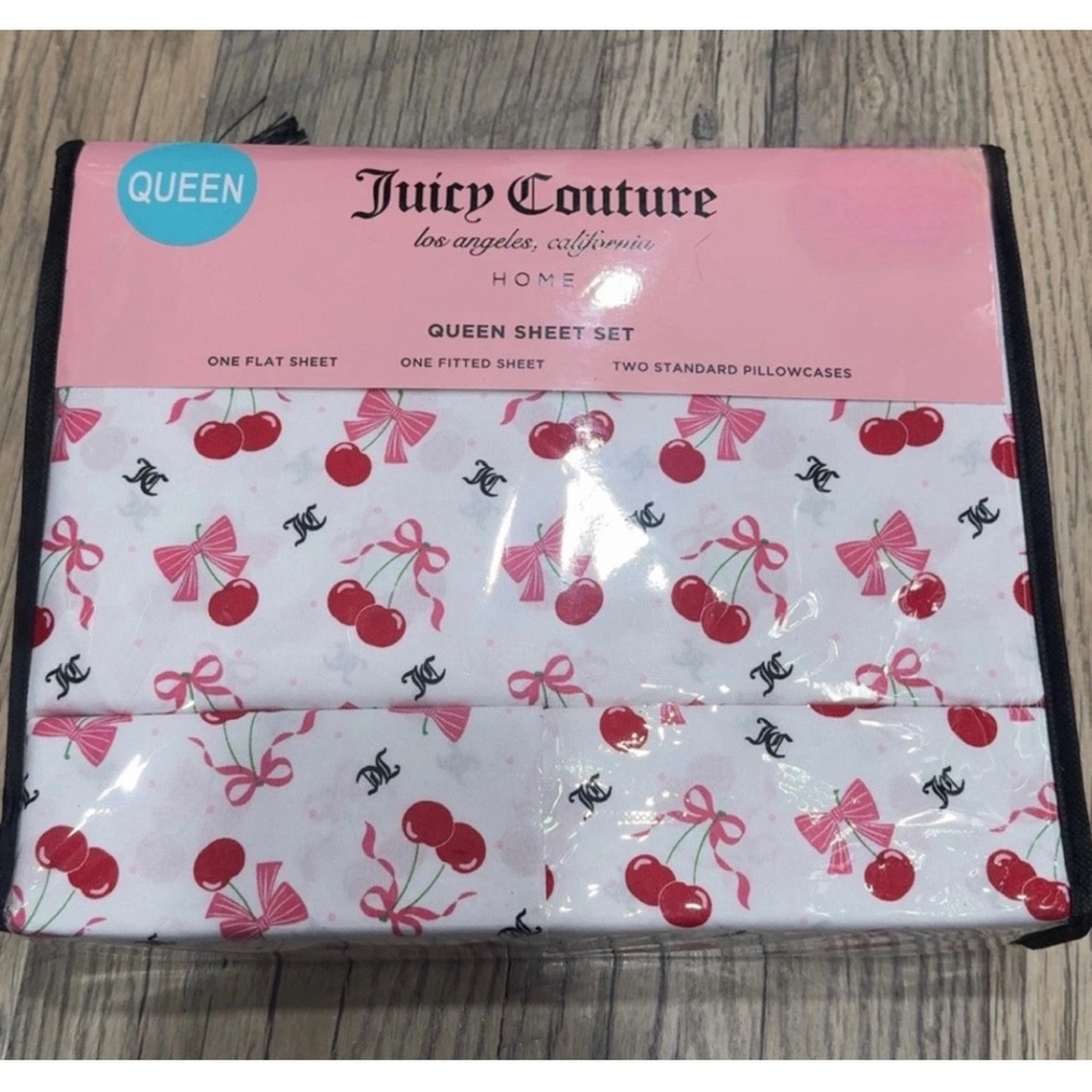 Juicy Couture Pink and Red Cherry Bow Queen Sheet Set new